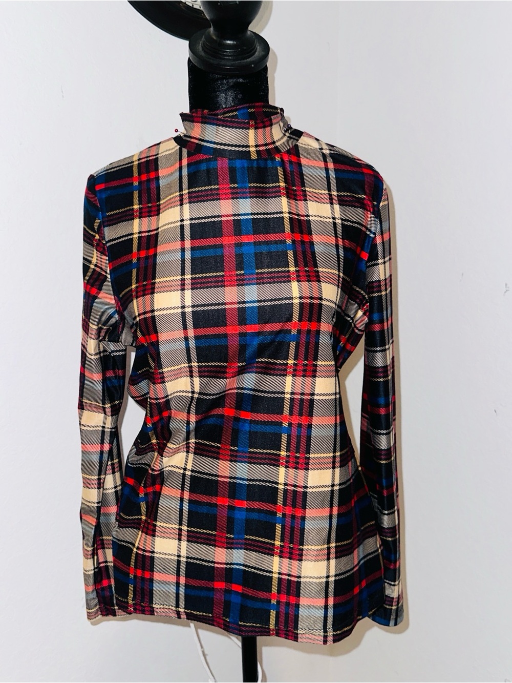 SHEIN Plaid Mock Neck Long Sleeve Top in Black, Cream, Red, Blue
